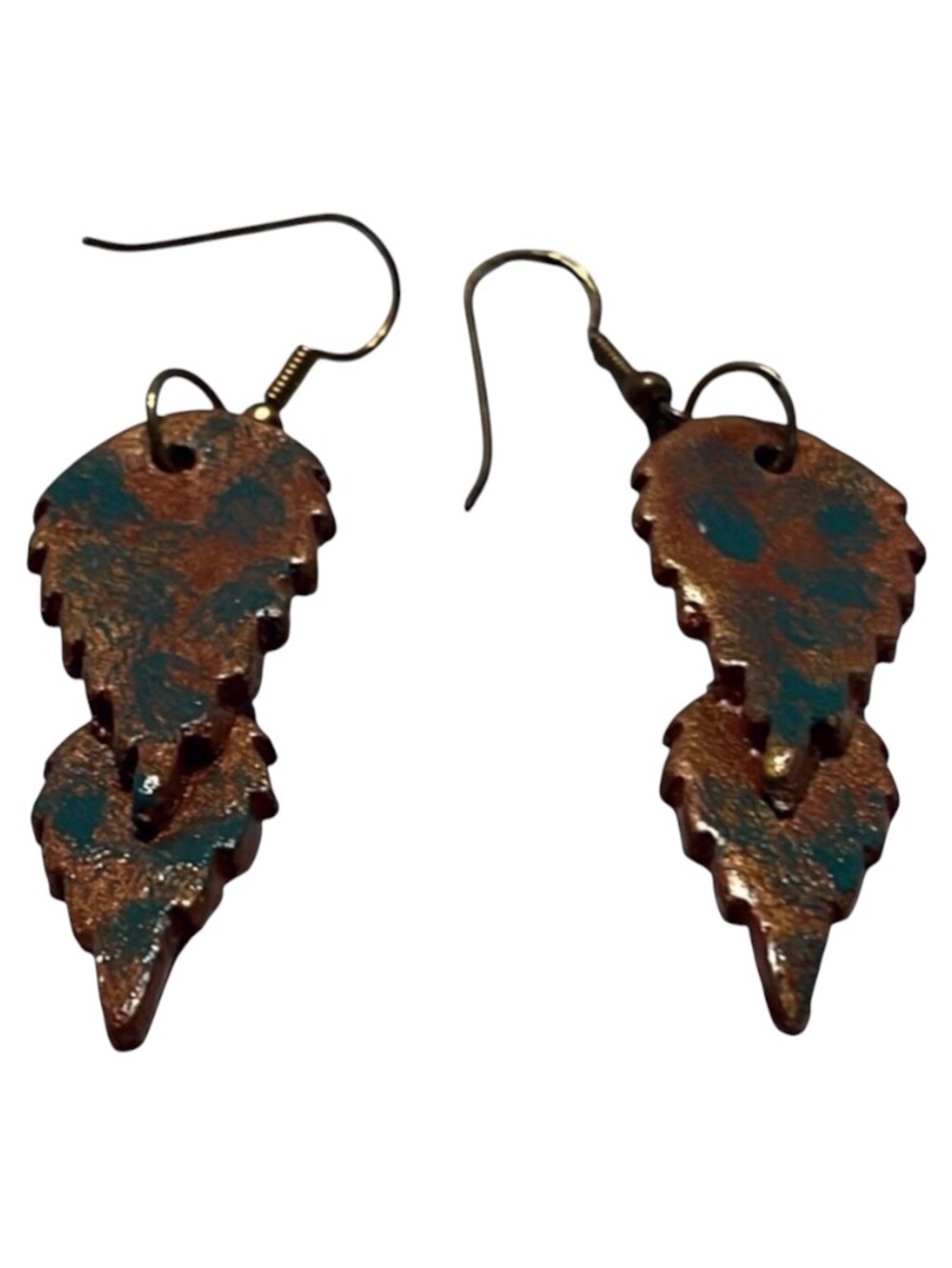 Handmade Brown Double Leaf Wire Earrings with Green Accents